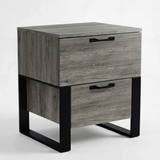 [Wooden Grey] Millwright wooden grey industrial 2-drawer bedside table with a white background from a front angled view