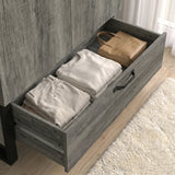 [Wooden Grey] Millwright 2 door wardrobe bottom drawer pulled open with folded clothing and bedding storage