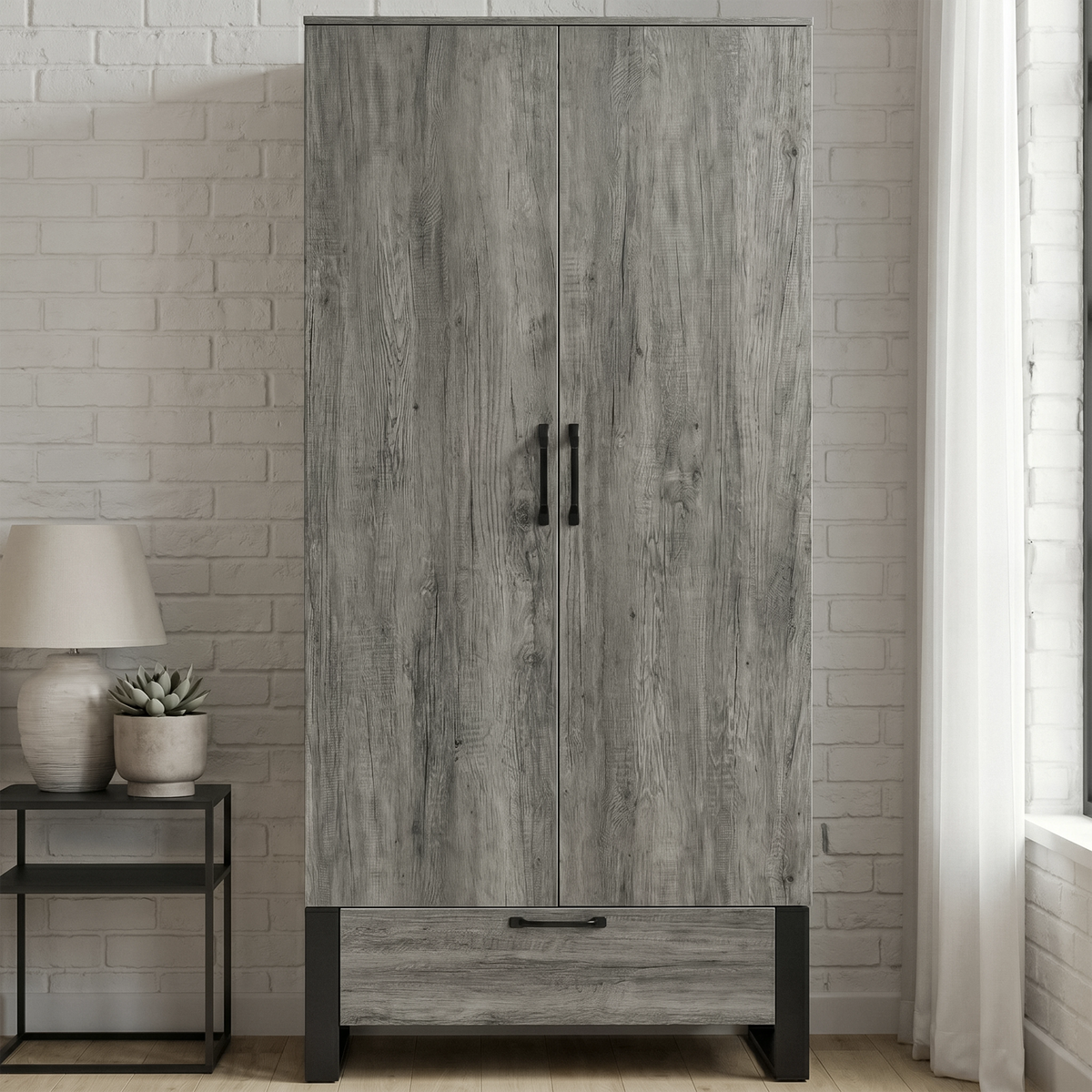 [Wooden Grey] Millwright industrial 2 door wardrobe with bottom drawer, black handles and raised frame hanging legs