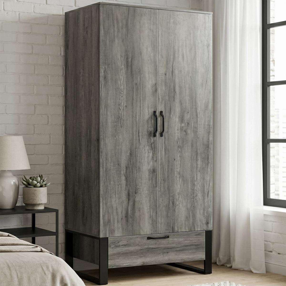[Wooden Grey] Millwright industrial 2 door wardrobe shown in a room with black handles and raised frame