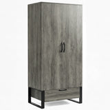 [Wooden Grey] Millwright 2 door wardrobe in angled studio view with bottom drawer and black frame legs