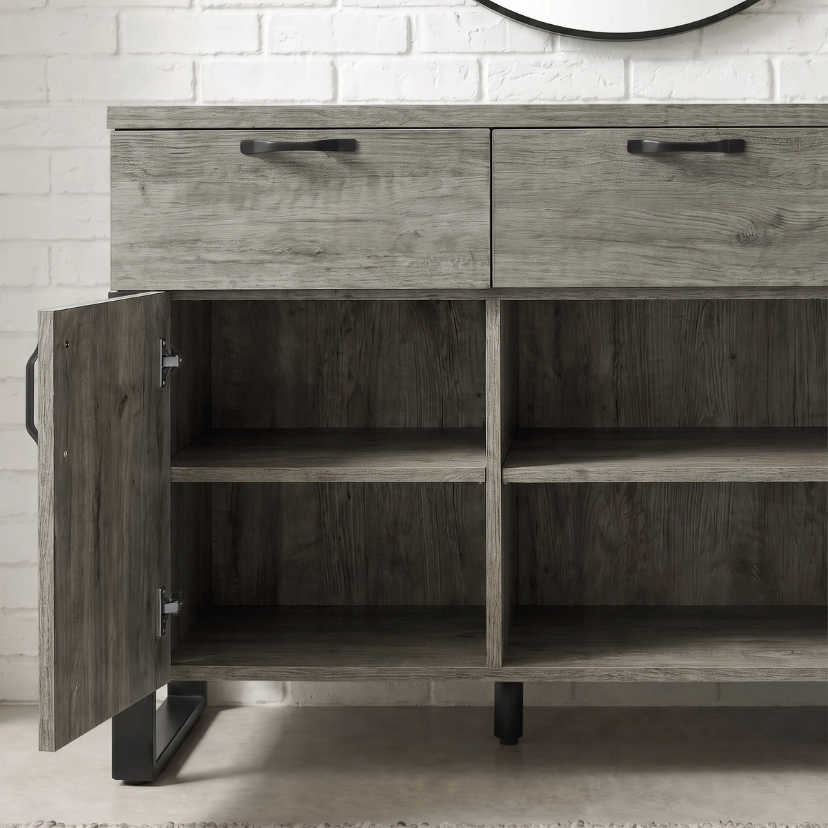 [Wooden Grey] Millwright 3 door sideboard open to show lower cupboard shelves and dividers