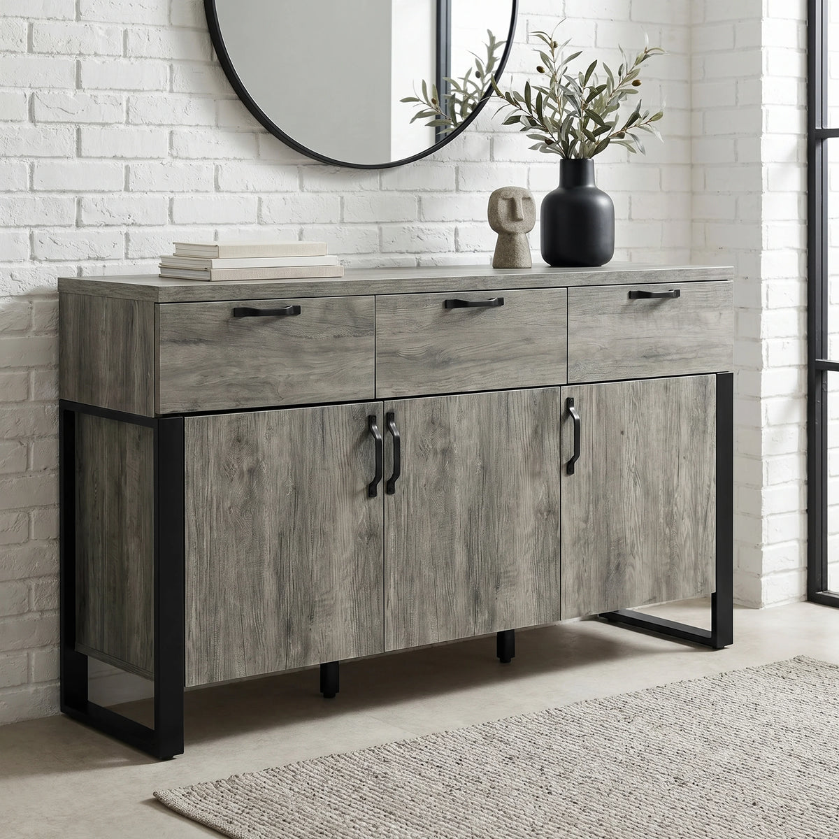 [Wooden Grey] Millwright industrial 3 door sideboard with three drawers, black handles and frame legs