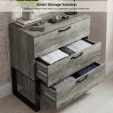 [Wooden Grey] Millwright 3 drawer chest of drawers open to show dual-size storage drawers