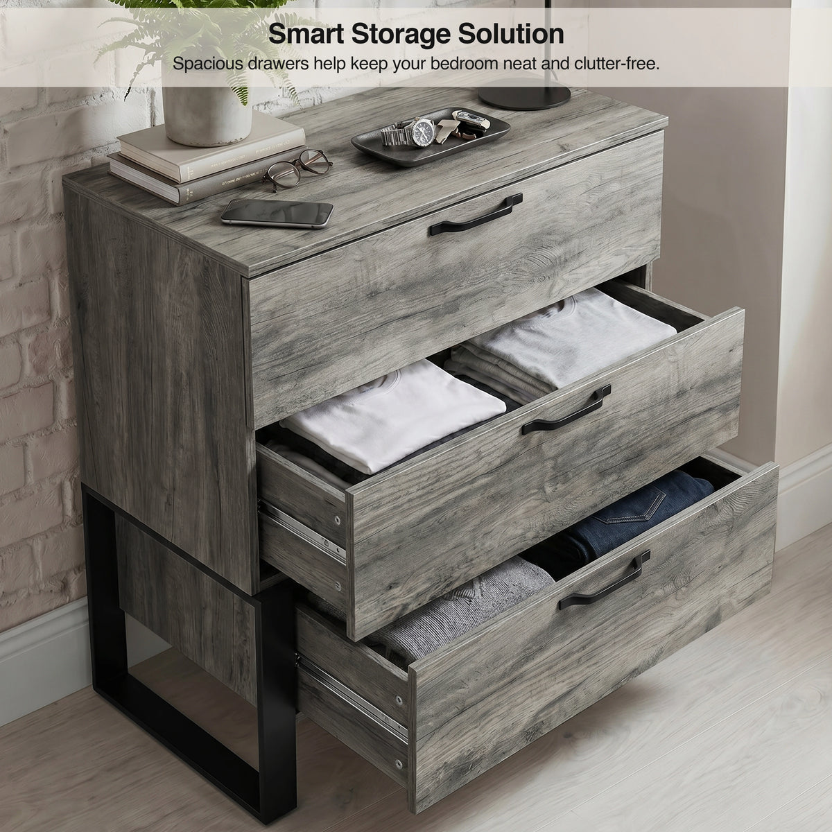 [Wooden Grey] Millwright 3 drawer chest of drawers open to show dual-size storage drawers