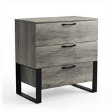 [Wooden Grey] Millwright 3 drawer chest of drawers studio front view with black handles and frame legs