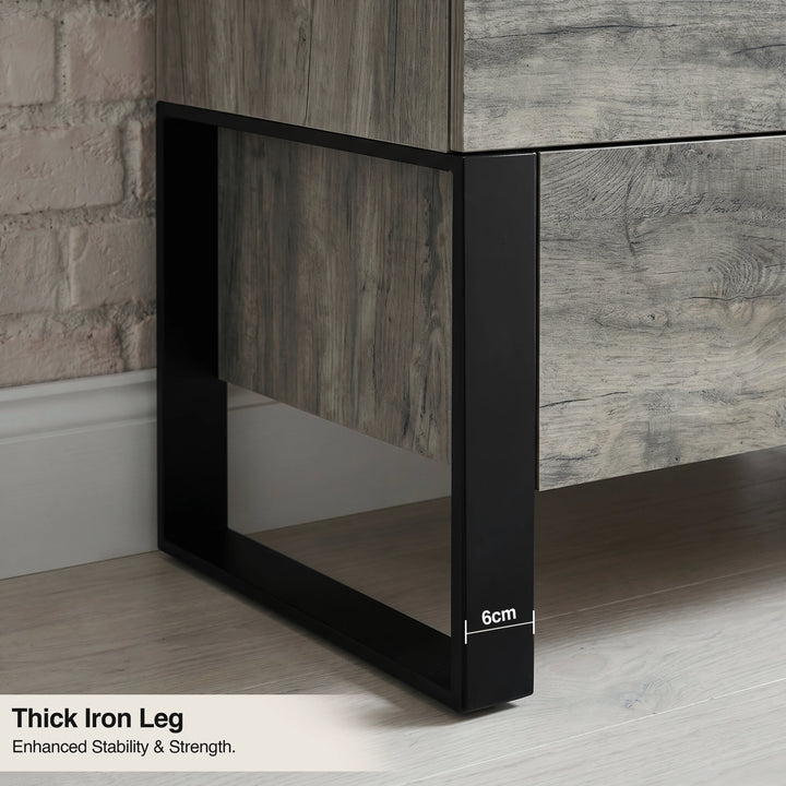 [Wooden Grey] Millwright 3 drawer chest close-up showing thick black iron leg and raised frame