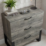 [Wooden Grey] Millwright 3 drawer chest top view showing wooden grey grain, black handles and decor
