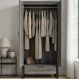 [Wooden Grey] Millwright 2 door wardrobe open to show hanging rail, clothes storage and bottom drawer