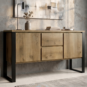 [Oak Effect] Millwright industrial sideboard styled with wall art, lamp, vase, tray, two cabinet, and two central drawers