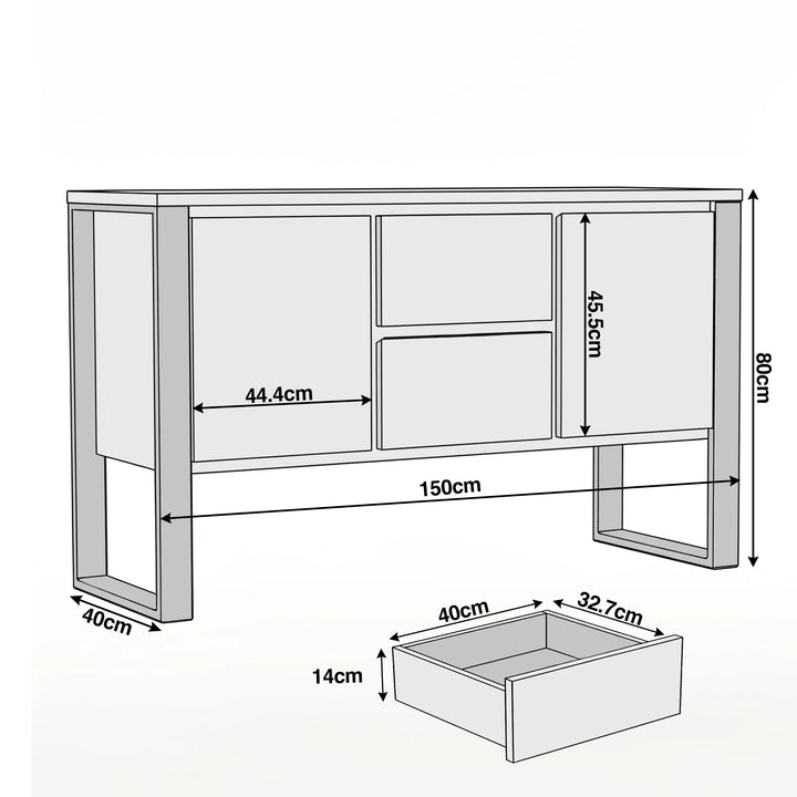 [Oak Effect] Millwright industrial sideboard dimensions: 150W x 40D x 80H; drawer 40W x 32.7D x 14H cm