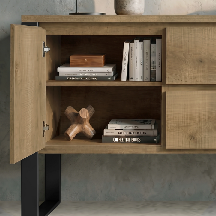 [Oak Effect] Millwright sideboard left door open showing internal shelves, hinges, books, and decorative storage