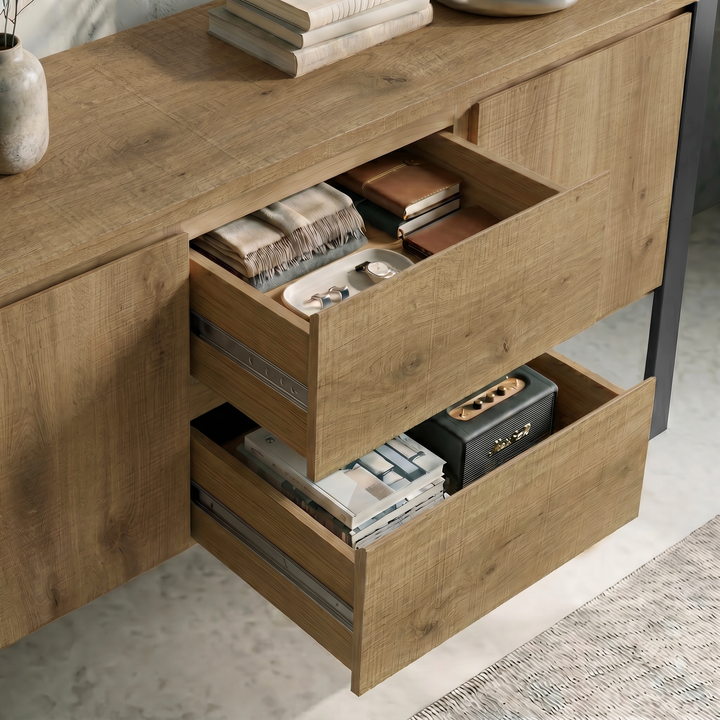 [Oak Effect] Millwright sideboard drawers pulled open showing handless drawer storage and metal drawer runners