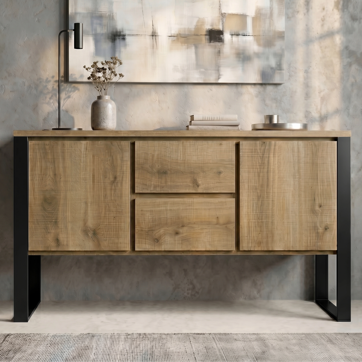 [Oak Effect] Millwright sideboard straight front view with two doors, two drawers, black frame legs, and display top decor