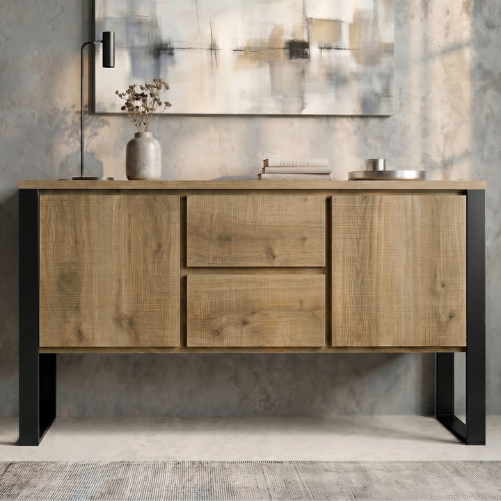 [Oak Effect] Millwright sideboard straight front view with two doors, two drawers, black frame legs, and display top decor