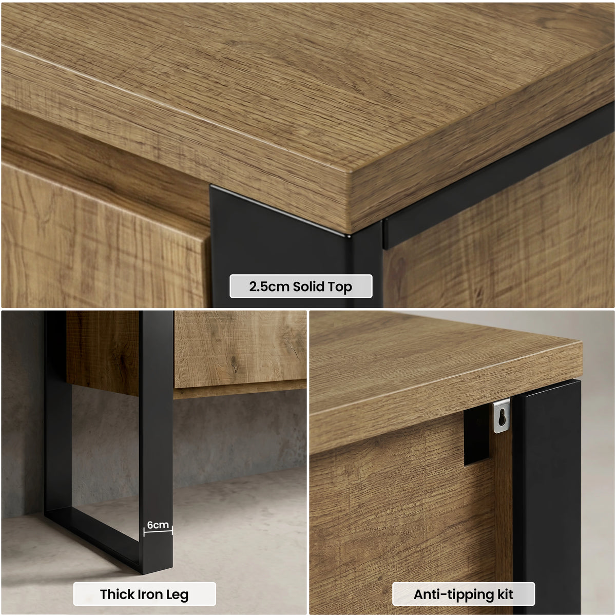 [Oak Effect] Millwright sideboard detail collage showing 2.5cm top, 6cm thick iron leg, and anti-tipping kit