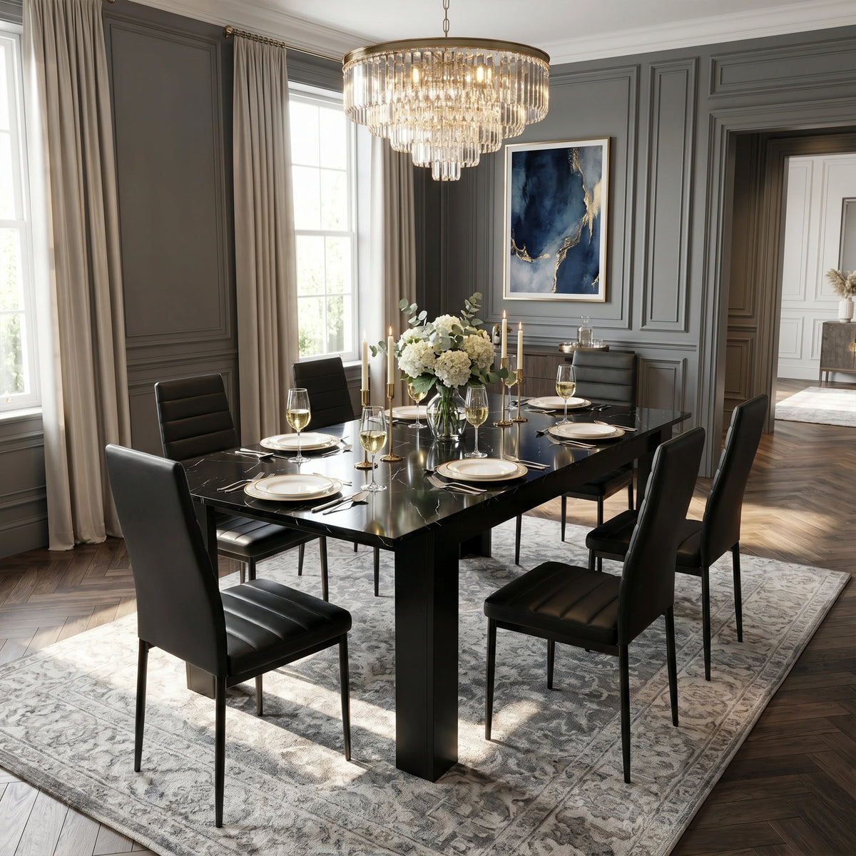 [6 Seater | Black] Milo black marble-effect dining table set with 8 high-back chairs in a spacious room