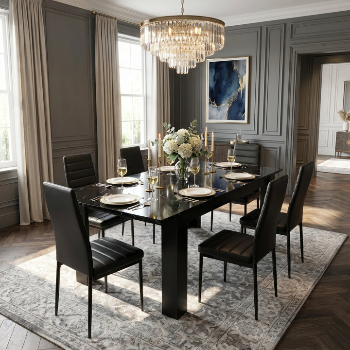 [6 Seater | Black] Milo black marble-effect dining table set with 8 high-back chairs in a spacious room