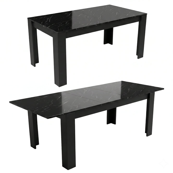 [6 Seater | Black] Milo black marble-effect table shown in closed and extended positions