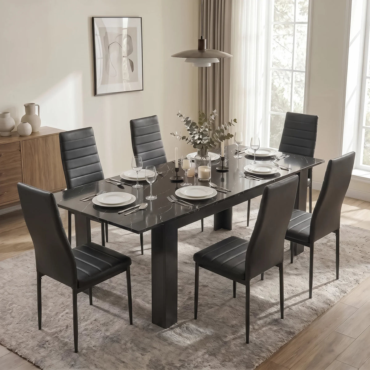 [6 Seater | Black] Milo black marble-effect dining table set extended to 220cm with 8 high-back chairs