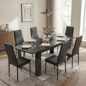 [6 Seater | Black] Milo black marble-effect dining table set extended to 220cm with 8 high-back chairs