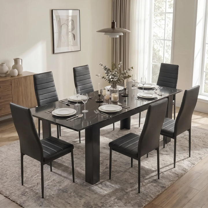 [6 Seater | Black] Milo black marble-effect dining table set extended to 220cm with 8 high-back chairs