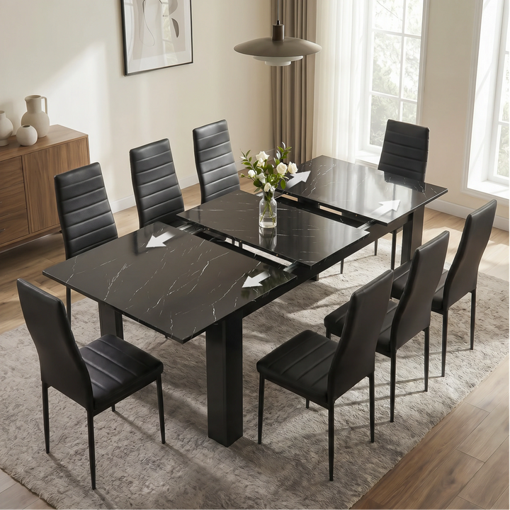[6 Seater | Black] Milo black marble-effect table partly opened to show the centre extension leaf and sliding rails