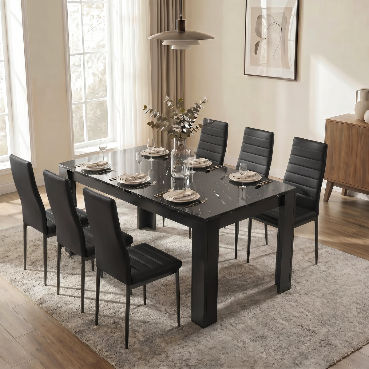 [6 Seater | Black] Milo black marble-effect dining table set at 170cm regular size with 6 high-back chairs