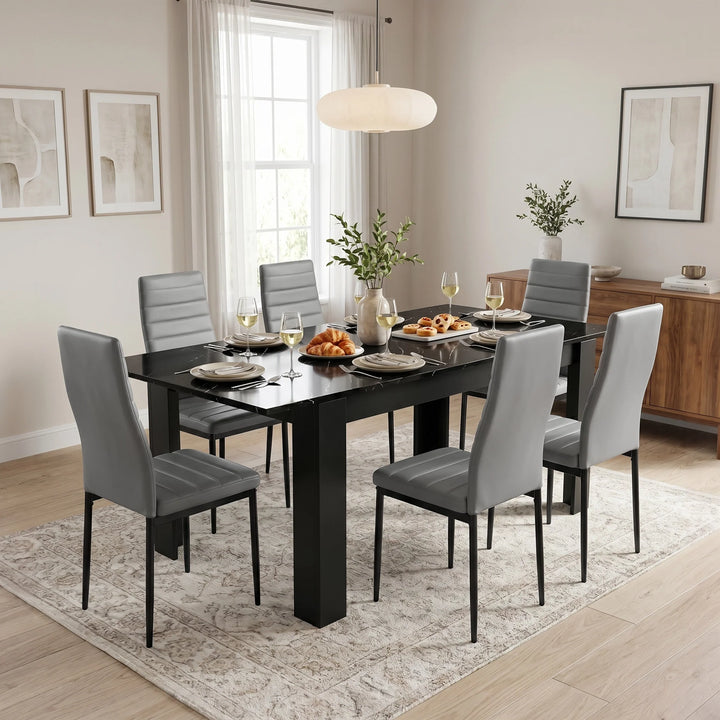 [6 Seater | Grey] Milo black marble-effect dining table set with 6 high-back chairs in a dining room with sideboard