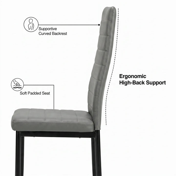 [6 Seater | Grey] Milo chair side profile showing curved high back support and padded seat callouts