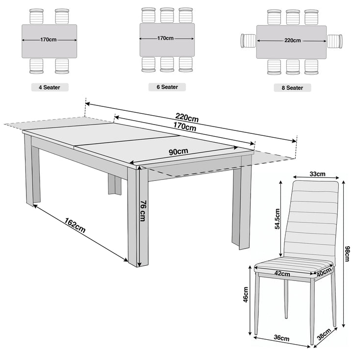 [6 Seater | Grey]Milo extending dining table set dimensions: table 170-220W x 90D x 76H; chair 42W x 40D x 98H, seat 46H cm