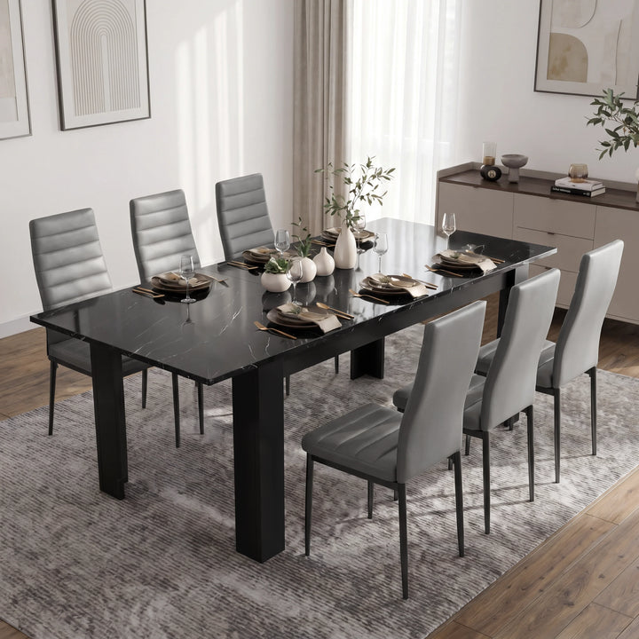 [6 Seater | Grey] Milo black marble-effect dining table set extended to 220cm with 6 high-back chairs