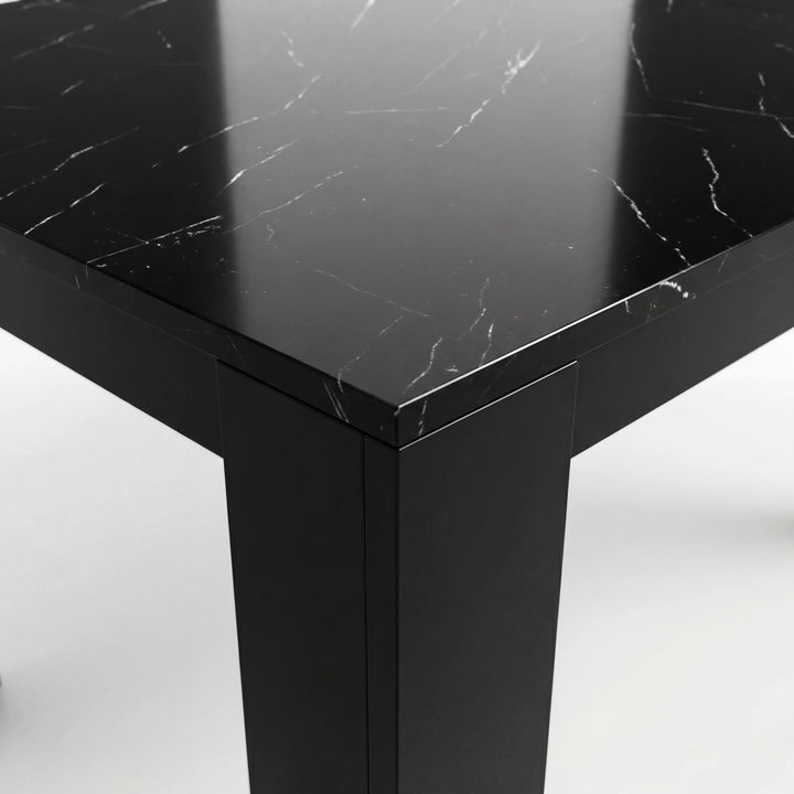 [6 Seater | Grey] Close-up of the Milo black marble-effect tabletop edge, surface texture, and inverted-L leg