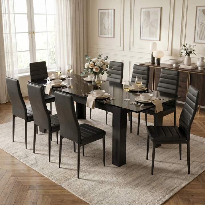 [8 Seater | Black] Milo black marble-effect dining table set with 8 high-back chairs in a angled room view