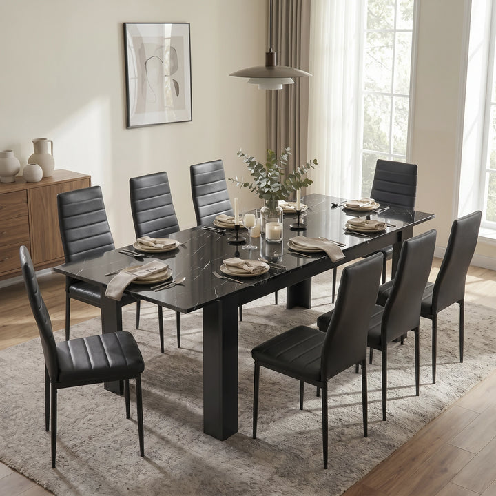 [8 Seater | Black] Milo black marble-effect dining table set extended to 220cm with 8 high-back chairs