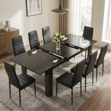 [8 Seater | Black] Milo black marble-effect table partly opened to show the centre extension leaf and sliding rails