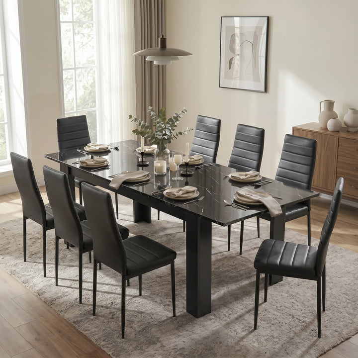 [8 Seater | Black] Milo black marble-effect dining table set at 220cm extended size with 8 high-back chairs