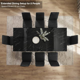[8 Seater | Black] Overhead view of the Milo black marble-effect extended dining table layout with space-efficient chairs