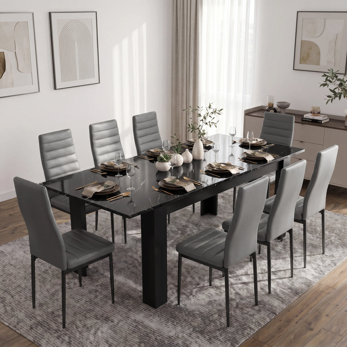[8 Seater | Grey] Milo black marble-effect dining table set extended to 220cm with 8 high-back chairs