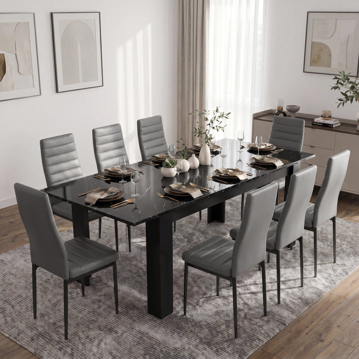 [8 Seater | Grey] Milo black marble-effect dining table set extended to 220cm with 8 high-back chairs