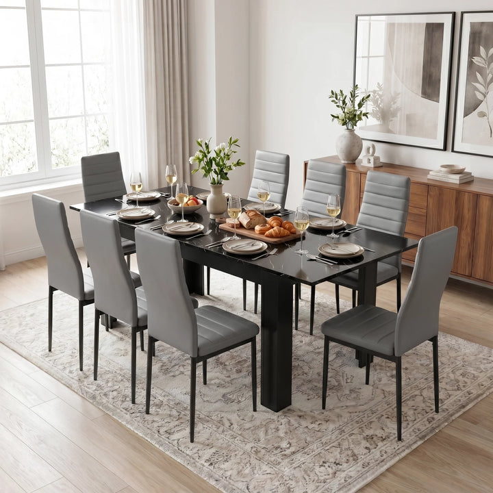 [8 Seater | Grey] Milo black marble-effect dining table set with 8 high-back chairs in a dinning room with sideboard in back