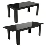 [8 Seater | Grey] Milo black marble-effect table shown in closed and extended positions