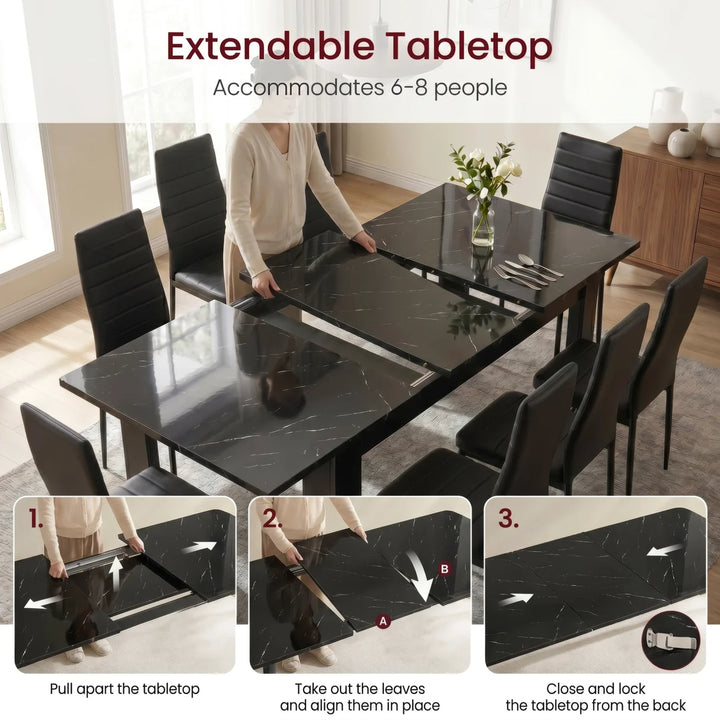 [6 Seater | Black] Milo extension guide showing tabletop opening, centre leaf placement, and lock-close steps