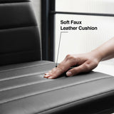 [6 Seater | Black] Close-up of the Milo faux leather chair cushion with stitched padding pressed by a hand