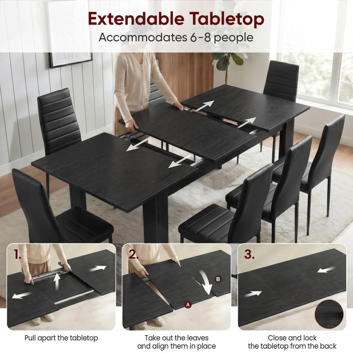 [6 Seater | Black] Milo extension guide showing tabletop opening, centre leaf placement, and lock-close steps