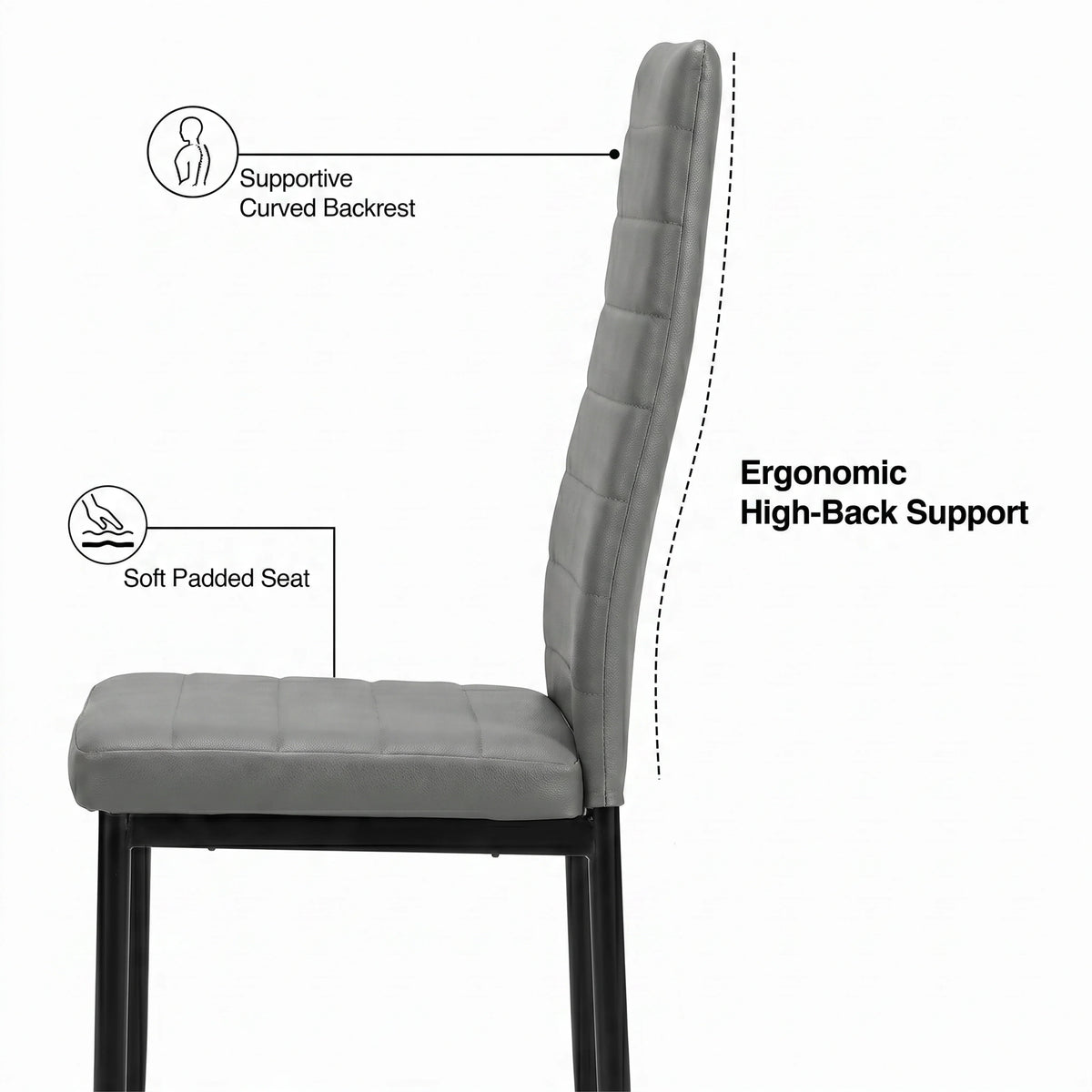 [6 Seater | Grey] Milo grey chair side profile showing padded seat, curved high back support, and slim black metal legs