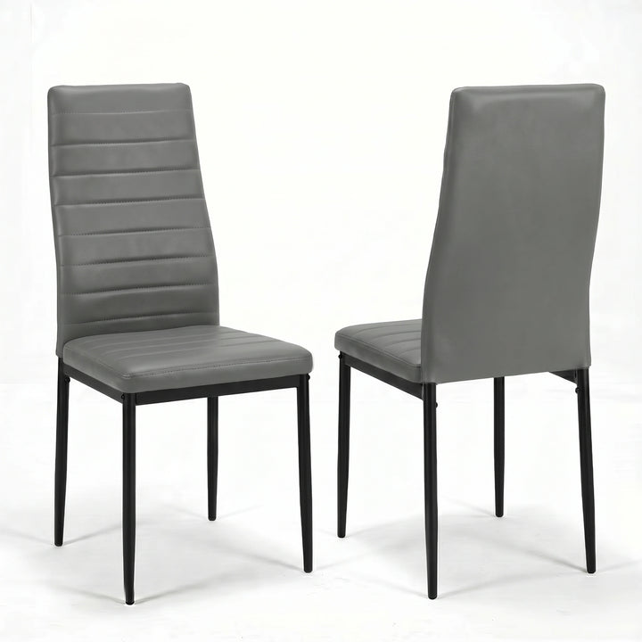 [6 Seater | Grey] Milo grey dining chairs shown from front and rear with slim black metal legs
