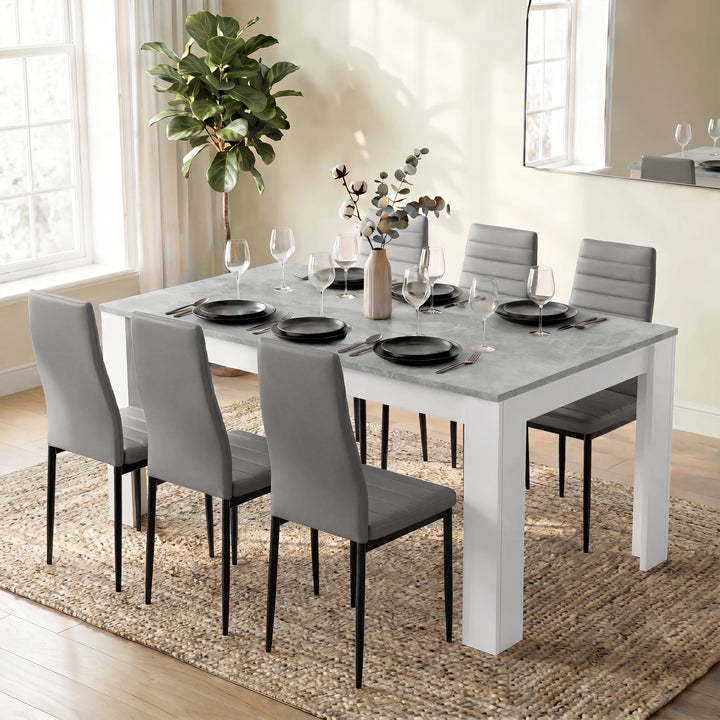 [6 Seater | Grey] Milo concrete-effect dining table set at 170cm regular size, rear view with 6 grey chairs