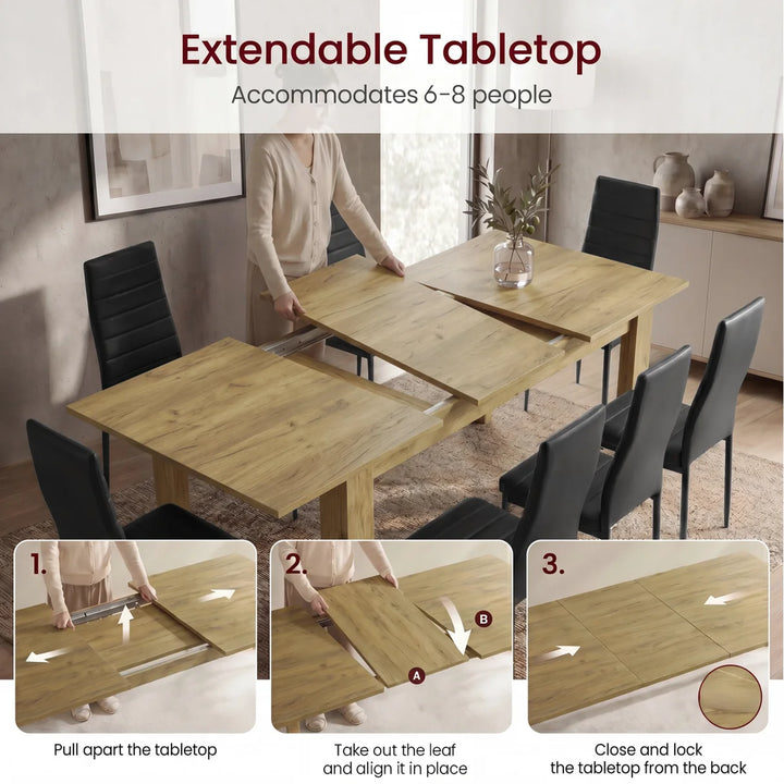 [8 Seater | Black] Step-by-step feature diagram showing how to extend the Milo wooden tabletop to seat 6 to 8 people.