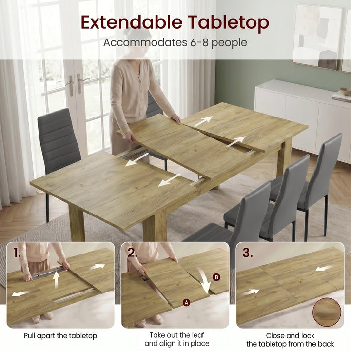 [8 Seater | Grey] Milo extension guide showing tabletop opening, centre leaf placement, and lock-close steps